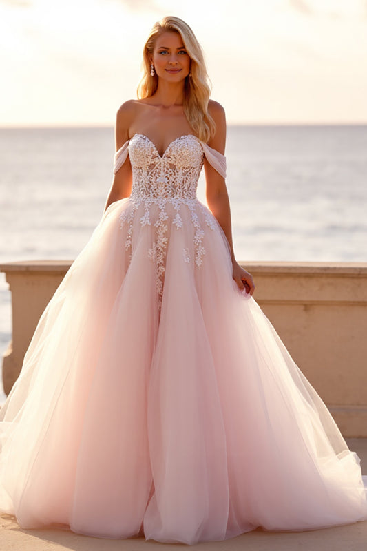 Blush Tulle Corset Ball Gown Wedding Dress with Appliques