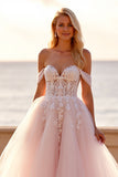 Blush Tulle Corset Ball Gown Wedding Dress with Appliques