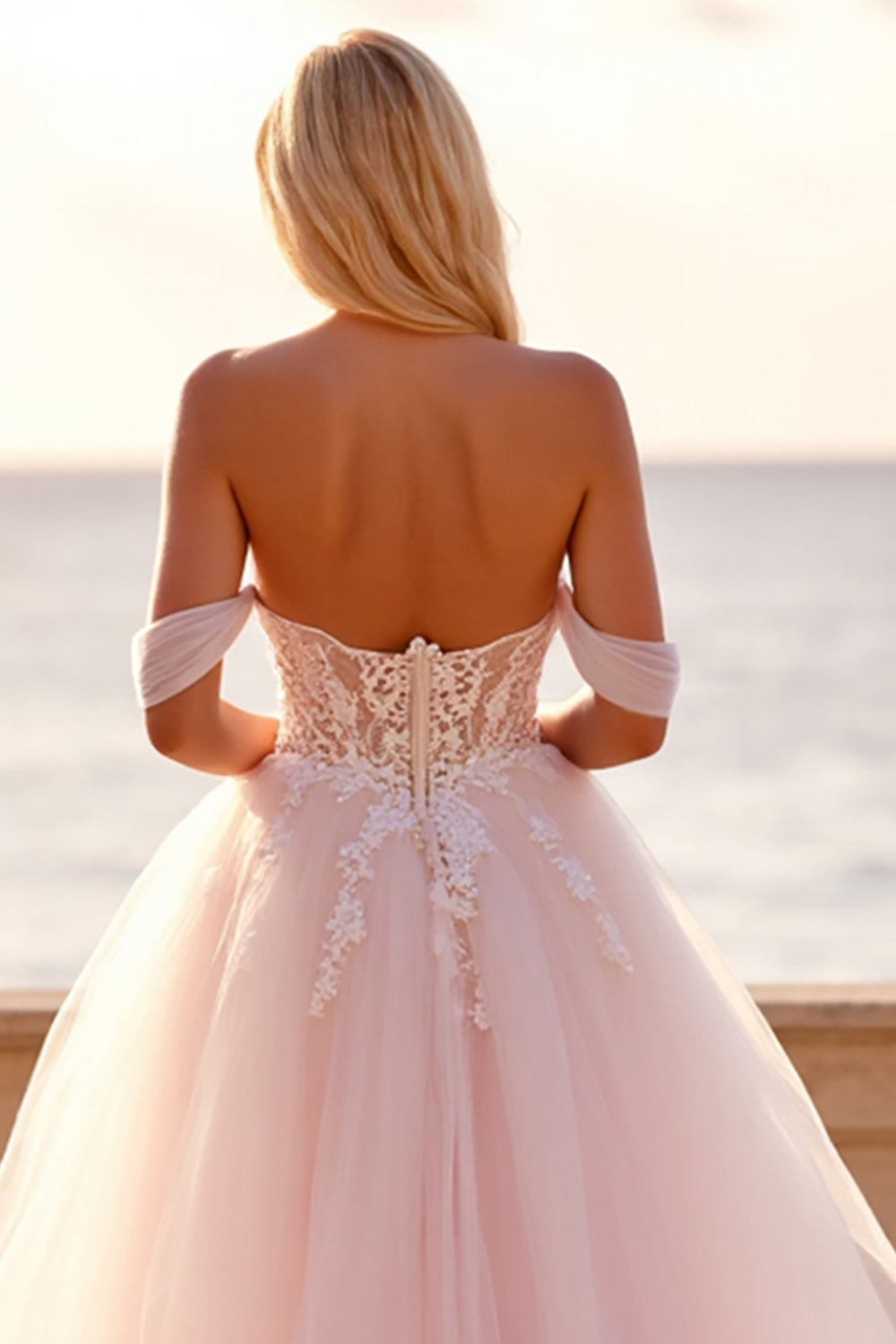 Blush Tulle Corset Ball Gown Wedding Dress with Appliques
