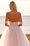 Blush Tulle Corset Ball Gown Wedding Dress with Appliques