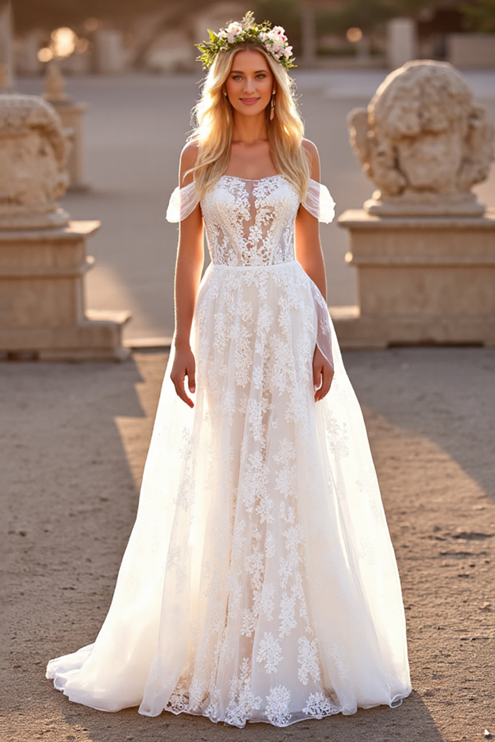 A Line Off the Shoulder White Lace Sweep Train Wedding Dress