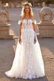 A Line Off the Shoulder White Lace Sweep Train Wedding Dress