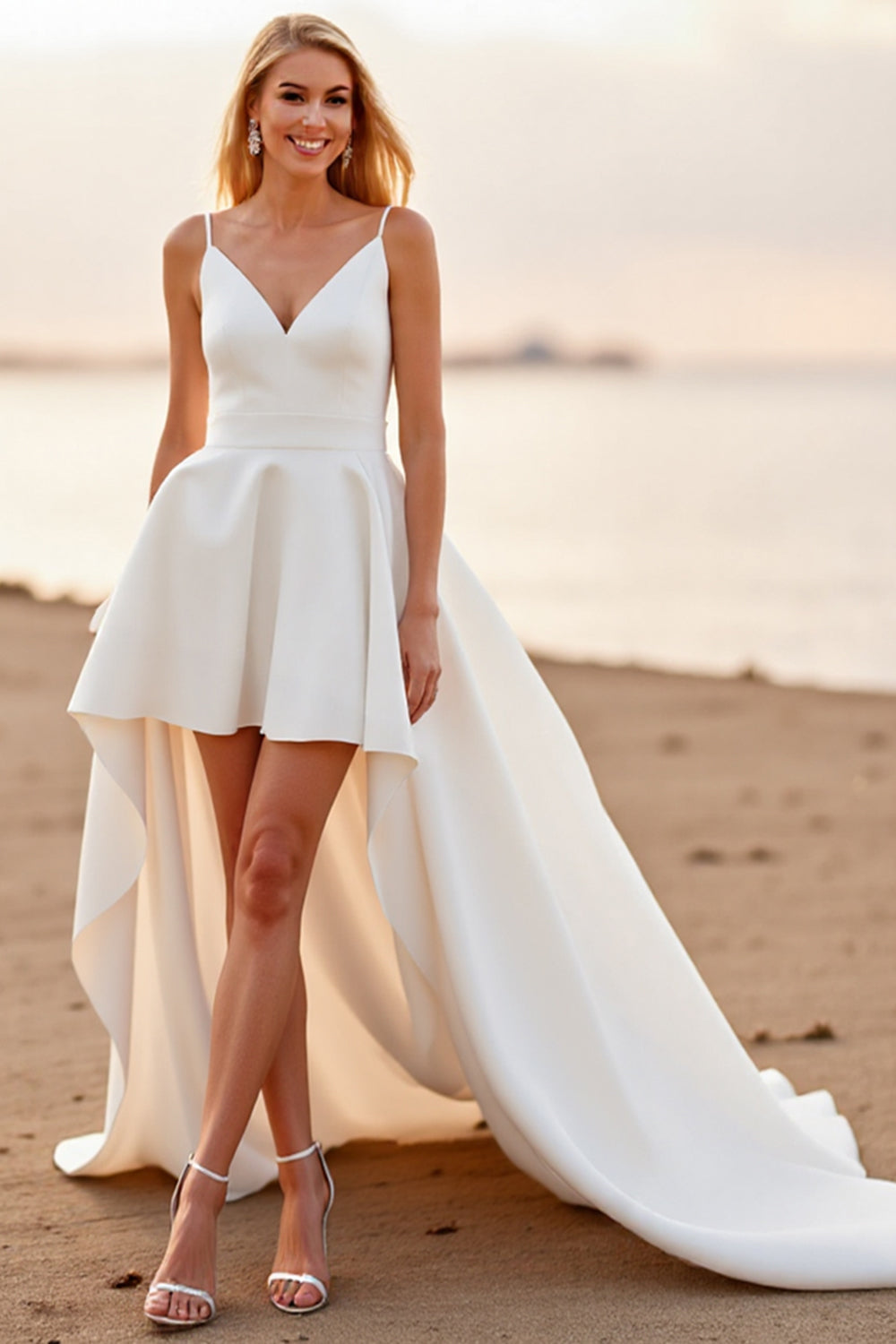A Line Spaghetti Straps White Boho High-Low Wedding Dress