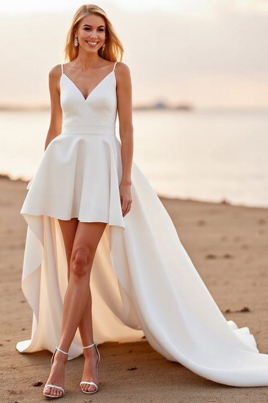 A Line Spaghetti Straps White Boho High-Low Wedding Dress