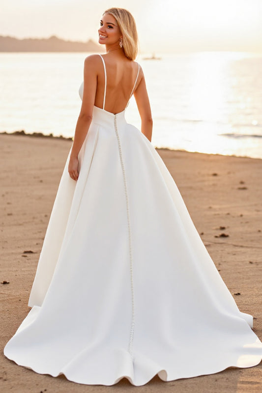A Line Spaghetti Straps White Boho High-Low Wedding Dress