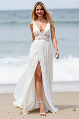 Chiffon White Boho Sweep Train Wedding Dress with Slit