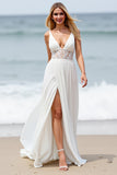 Chiffon White Boho Sweep Train Wedding Dress with Slit