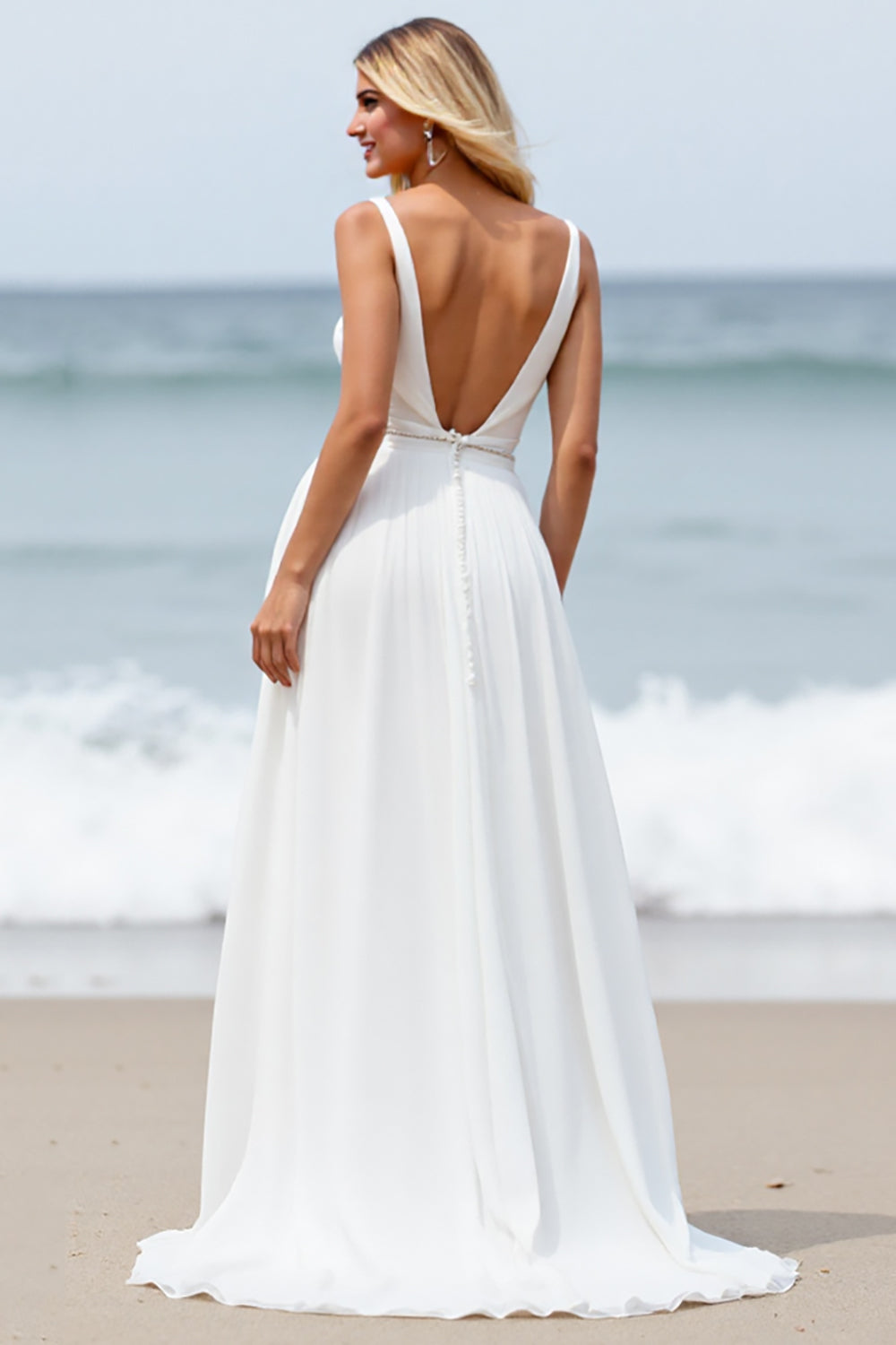 Chiffon White Boho Sweep Train Wedding Dress with Slit