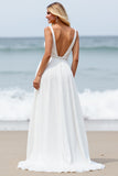Chiffon White Boho Sweep Train Wedding Dress with Slit