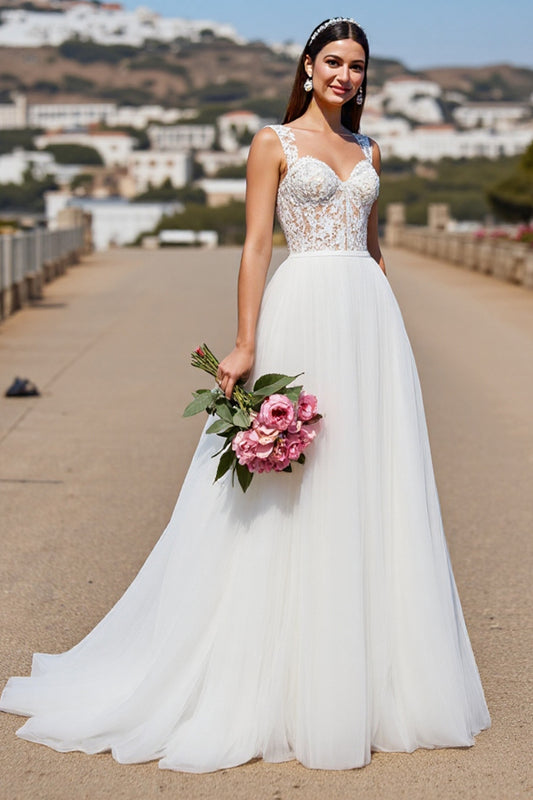 White Illusion Back Boho Sweep Train Wedding Dress with Lace