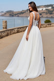 White Illusion Back Boho Sweep Train Wedding Dress with Lace