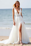 Deep V-Neck Chiffon White Boho Sweep Train Wedding Dress with Slit