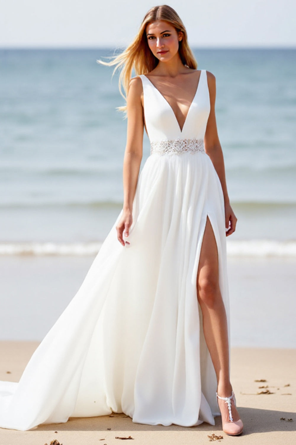 Deep V-Neck Chiffon White Boho Sweep Train Wedding Dress with Slit