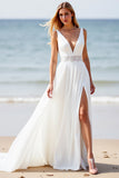 Deep V-Neck Chiffon White Boho Sweep Train Wedding Dress with Slit