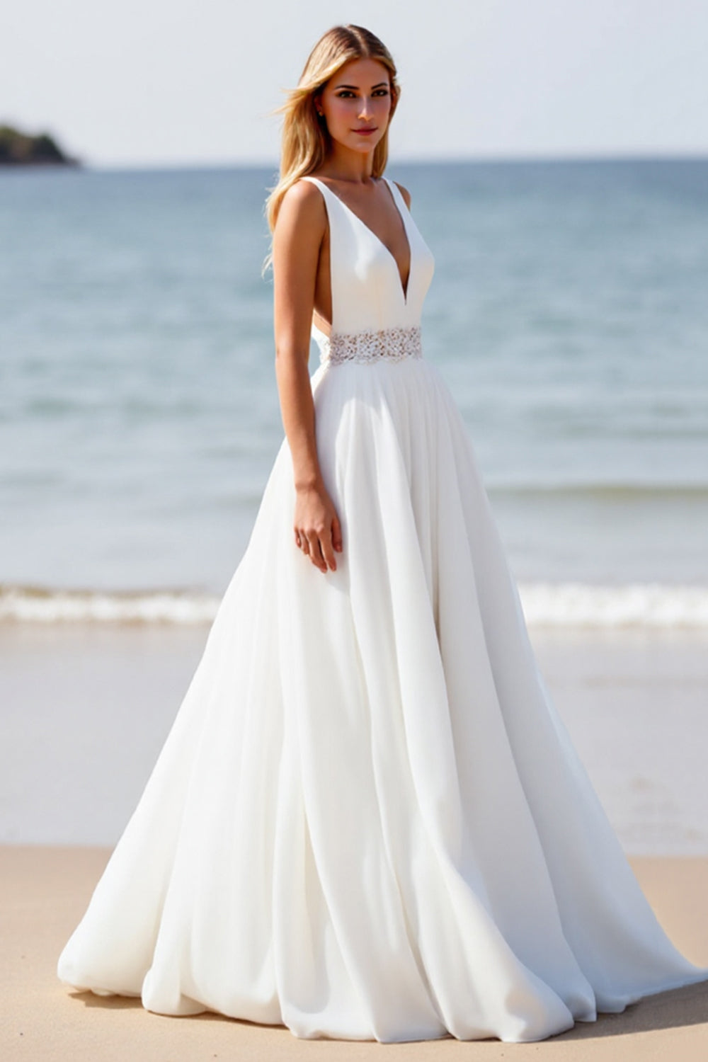 Deep V-Neck Chiffon White Boho Sweep Train Wedding Dress with Slit