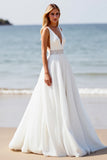 Deep V-Neck Chiffon White Boho Sweep Train Wedding Dress with Slit