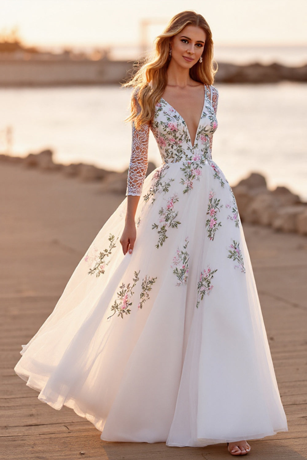 Floral White Long Sleeves Floor Length Wedding Dress with Lace