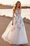 Floral White Long Sleeves Floor Length Wedding Dress with Lace