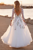 Floral White Long Sleeves Floor Length Wedding Dress with Lace