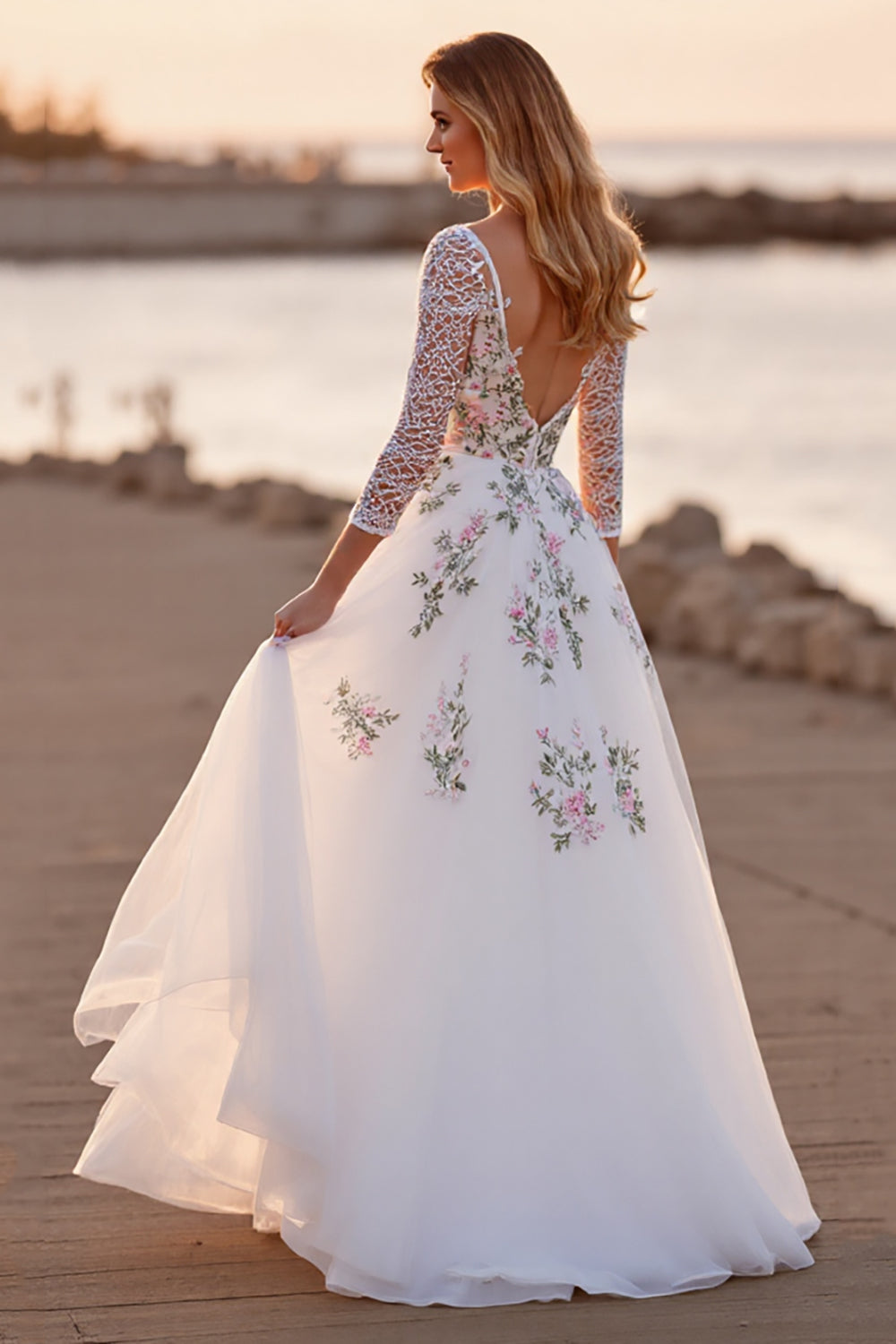 Floral White Long Sleeves Floor Length Wedding Dress with Lace