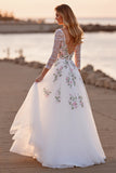 Floral White Long Sleeves Floor Length Wedding Dress with Lace