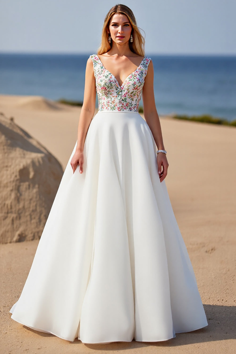 Floral V-Neck White Ball Gown Sweep Train Wedding Dress