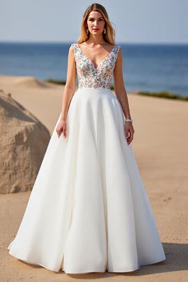 Floral V-Neck White Ball Gown Sweep Train Wedding Dress