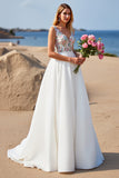 Floral V-Neck White Ball Gown Sweep Train Wedding Dress