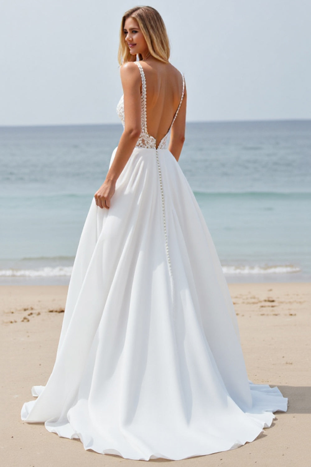 Chiffon A Line White Boho Sweep Train Wedding Dress with Slit
