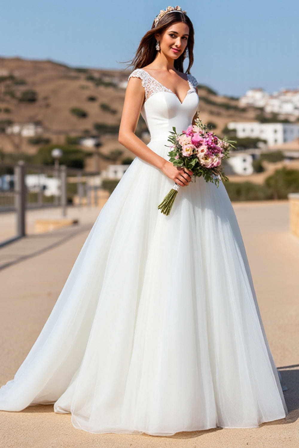 V-Neck White Ball Gown Sweep Train Wedding Dress with Lace