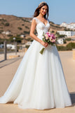 V-Neck White Ball Gown Sweep Train Wedding Dress with Lace