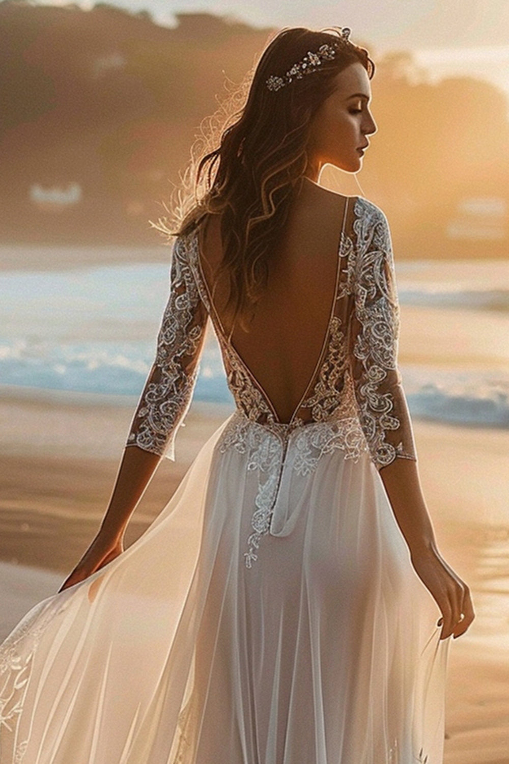 White Long Sleeves Boho Sweep Train Wedding Dress with Lace
