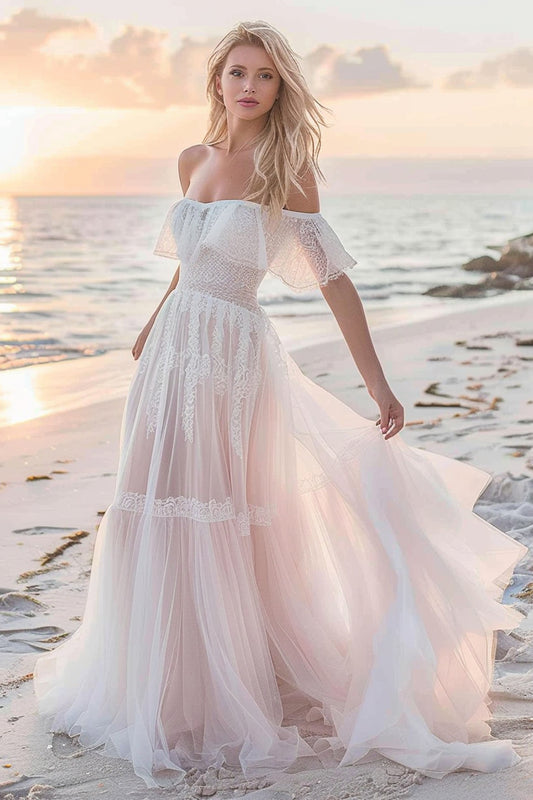White A Line Boho Sweep Train Wedding Dress with Lace