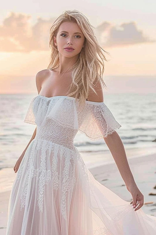 White A Line Boho Sweep Train Wedding Dress with Lace