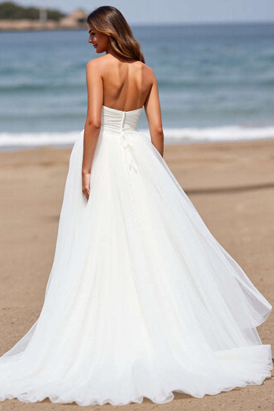 Sweetheart A Line Tulle White Boho Sweep Train Wedding Dress