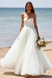 Sweetheart A Line Tulle White Boho Sweep Train Wedding Dress