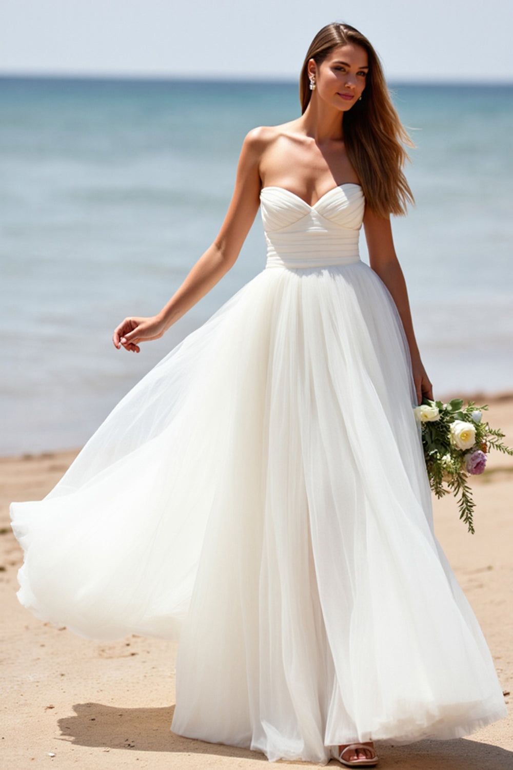 Sweetheart A Line Tulle White Boho Sweep Train Wedding Dress