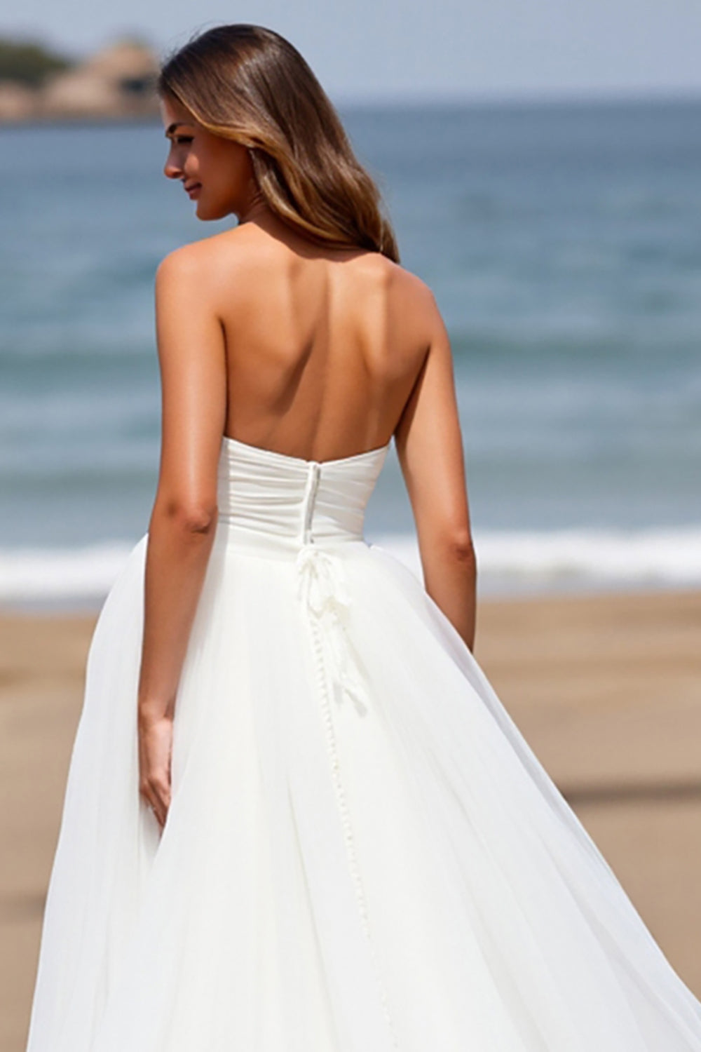 Sweetheart A Line Tulle White Boho Sweep Train Wedding Dress