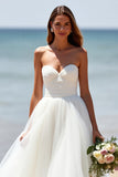 Sweetheart A Line Tulle White Boho Sweep Train Wedding Dress