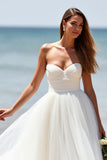 Sweetheart A Line Tulle White Boho Sweep Train Wedding Dress