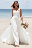Square Neck Satin A Line White Boho Sweep Train Wedding Dress