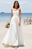 Square Neck Satin A Line White Boho Sweep Train Wedding Dress