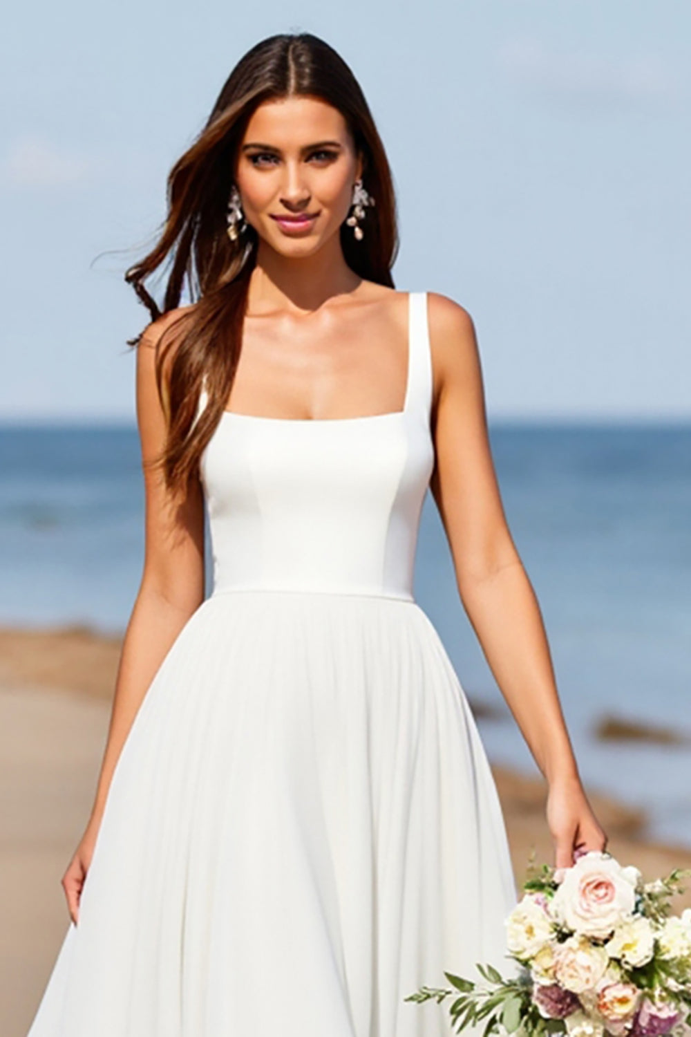 Square Neck Satin A Line White Boho Sweep Train Wedding Dress