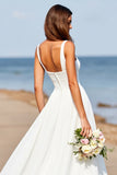 Square Neck Satin A Line White Boho Sweep Train Wedding Dress