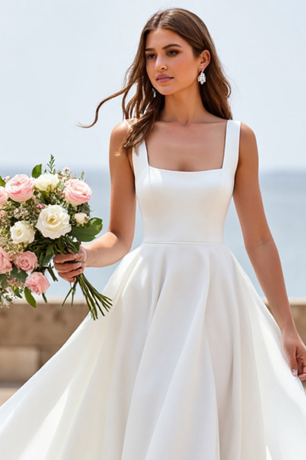 White Satin Square Neck Boho Sweep Train Wedding Dress