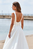 White Satin Square Neck Boho Sweep Train Wedding Dress