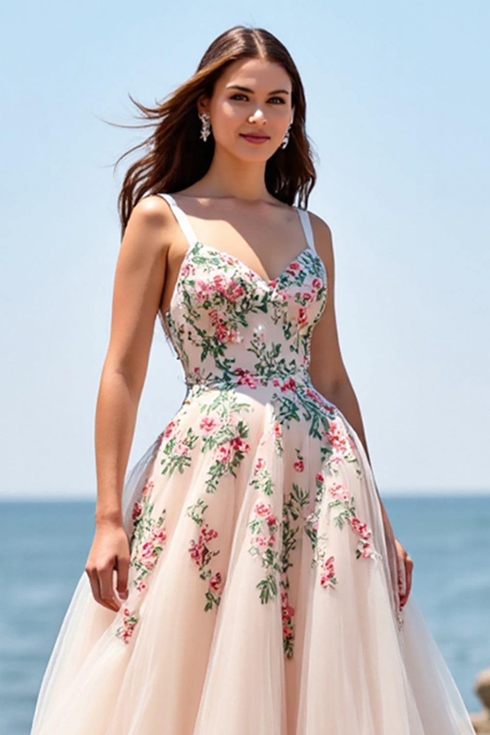 Tulle Blush Floral Ball Gown Floor Length Wedding Dress