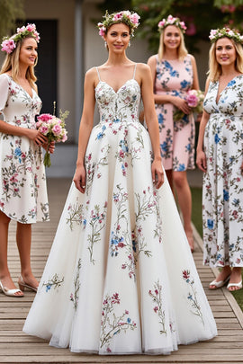 Tulle A Line White Floral Sweep Train Wedding Dress