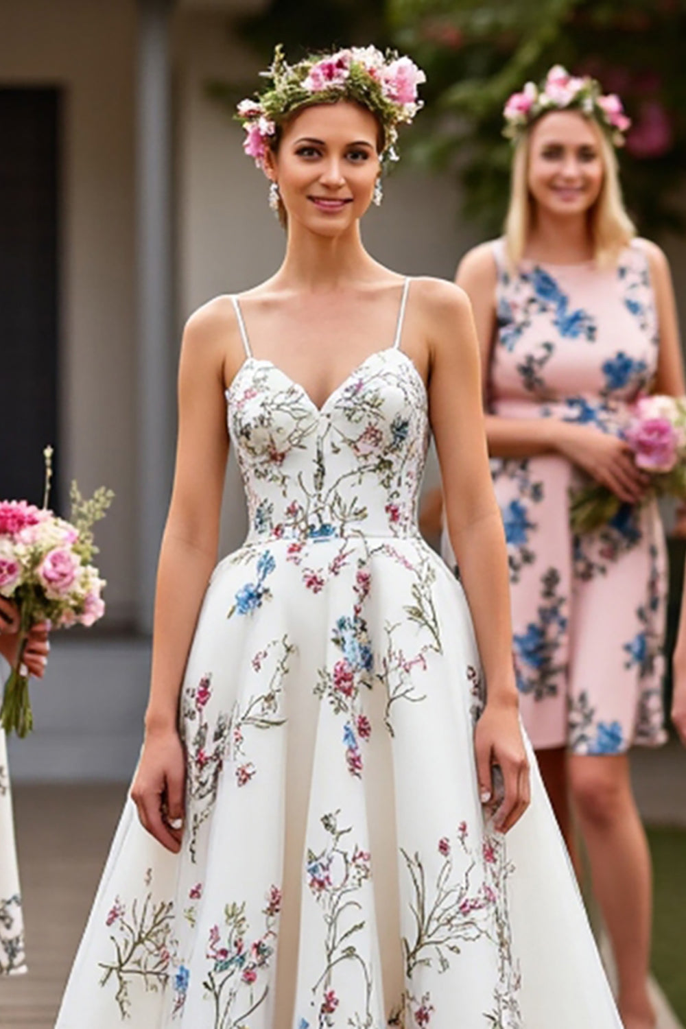 Tulle A Line White Floral Sweep Train Wedding Dress