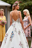 Tulle A Line White Floral Sweep Train Wedding Dress